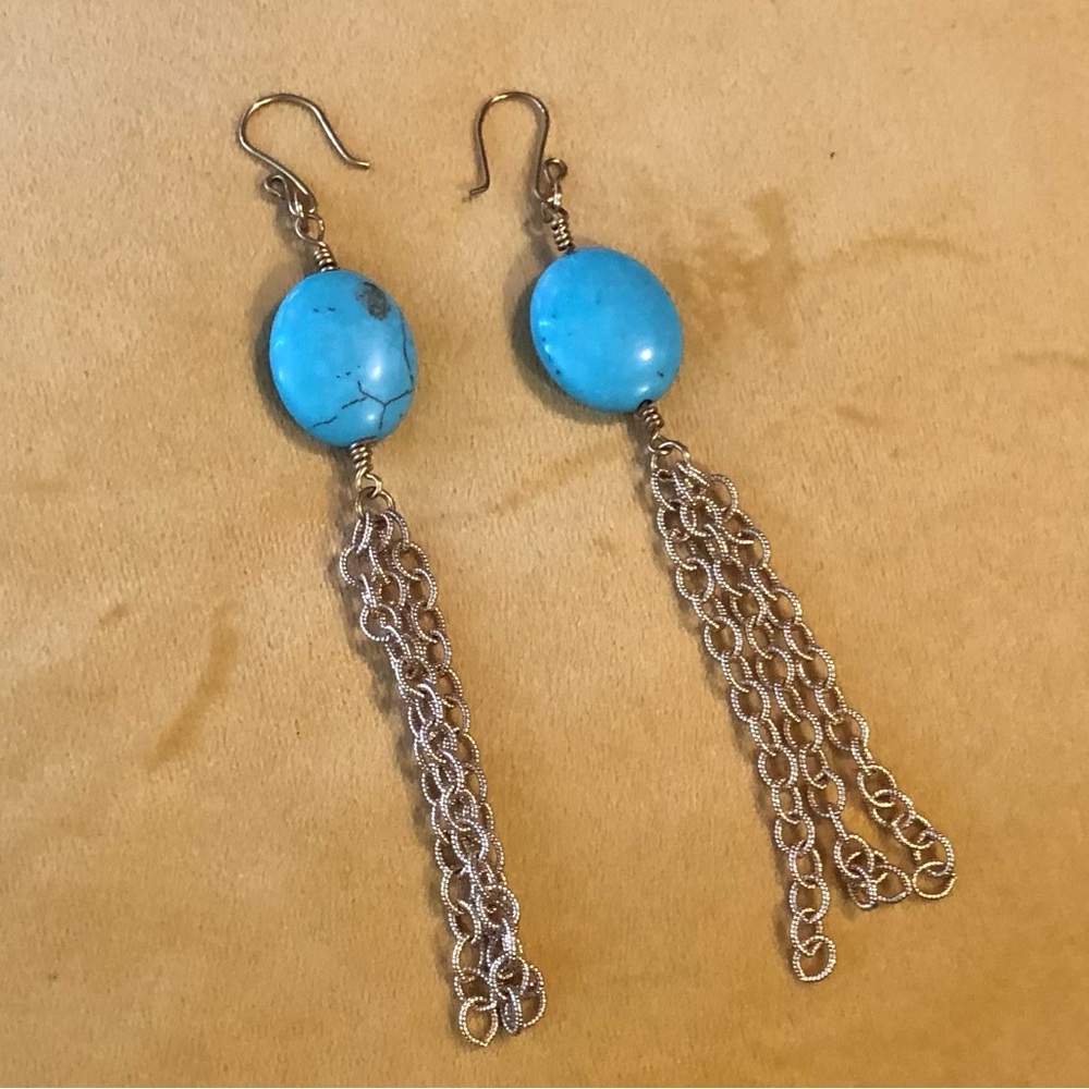 Gold Turquoise Tassel Drop Earrings with Hook Ear wire Boho Statement Jewelry